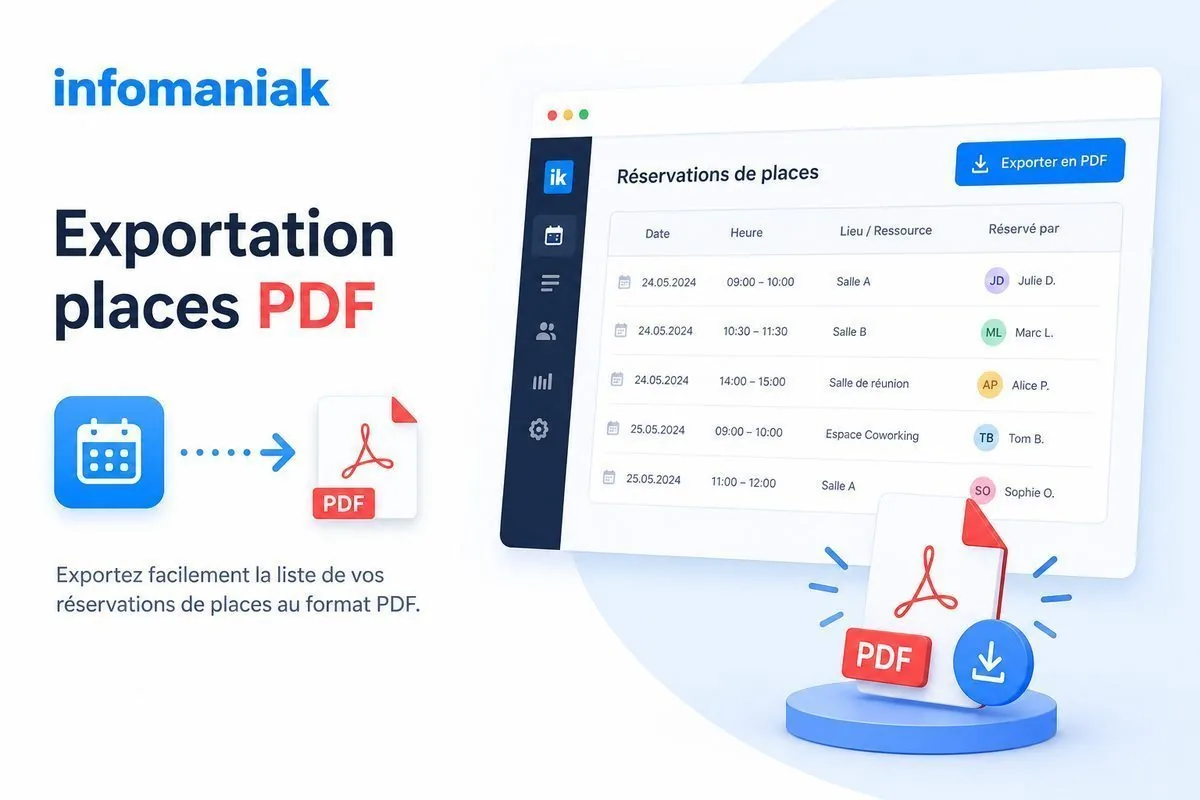 Visuel de présentation de l'export des places en PDF : tableau des réservations de places avec un bouton « Exporter en PDF » et un document PDF prêt à télécharger